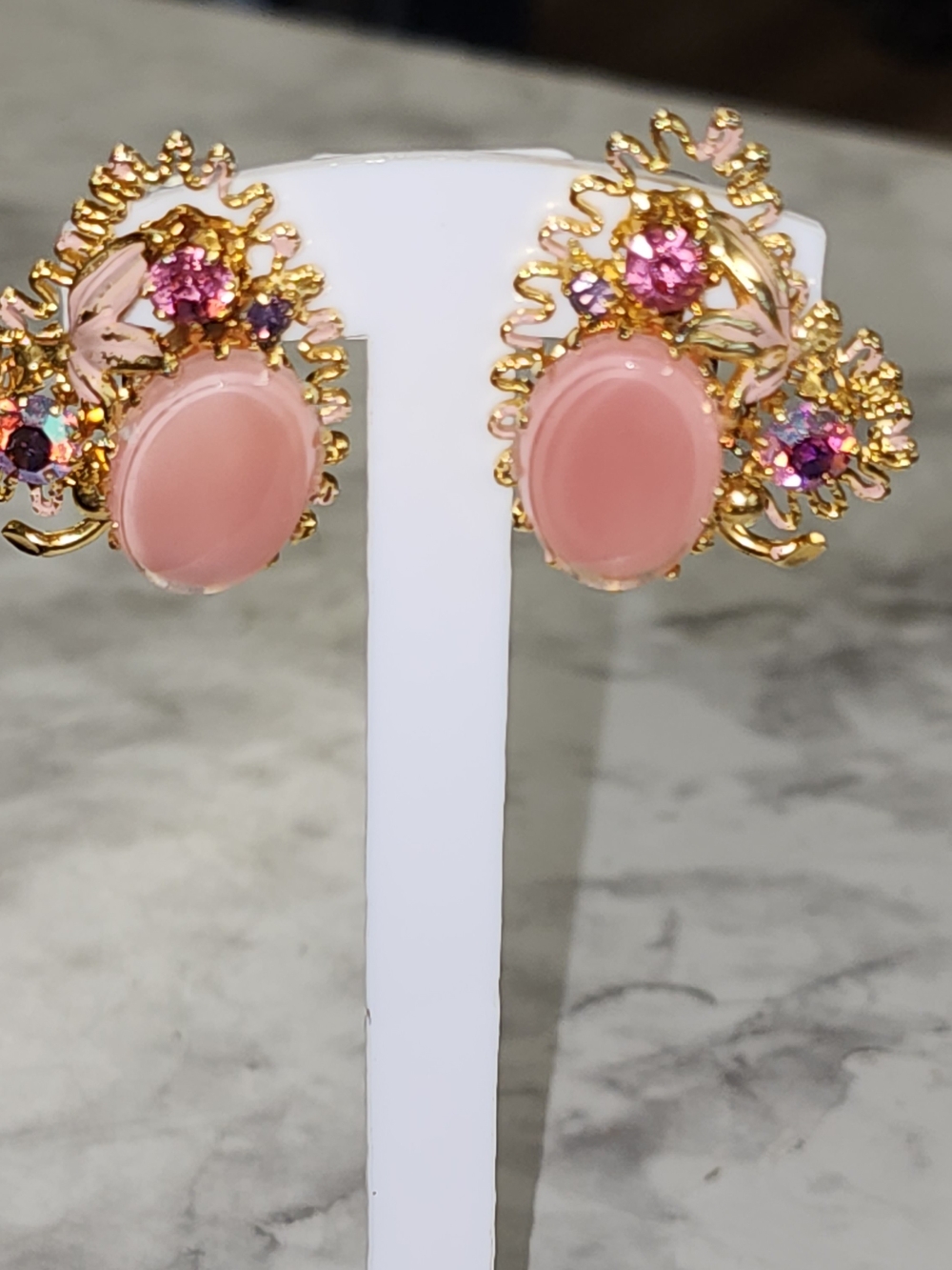 Vintage 1950s Pink Cabochon Floral Statement Earrings